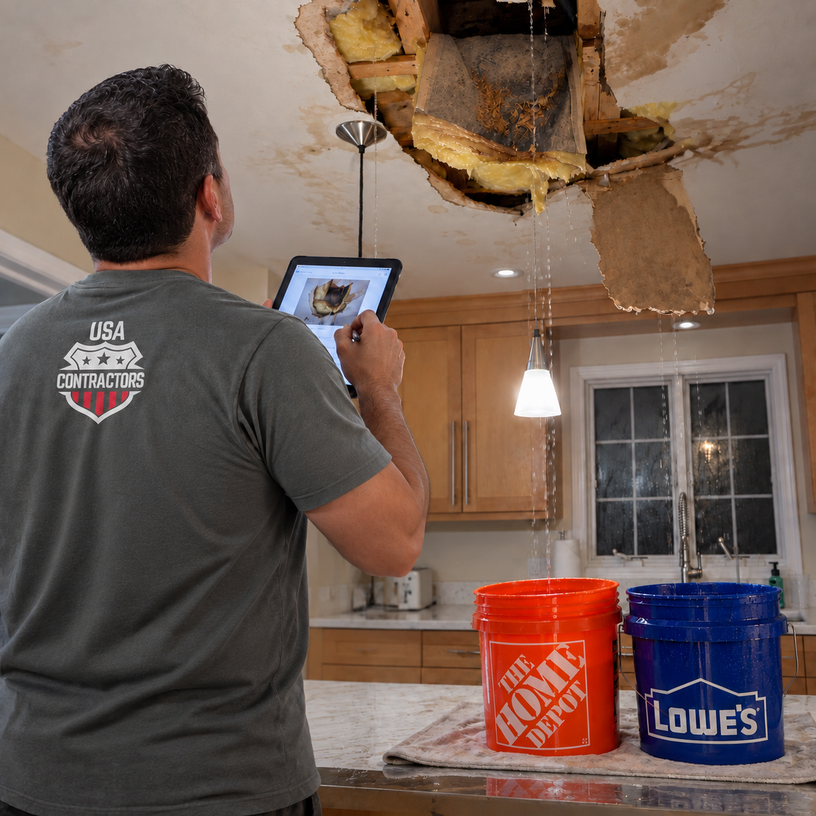 Contractor documenting water damage with a camera
